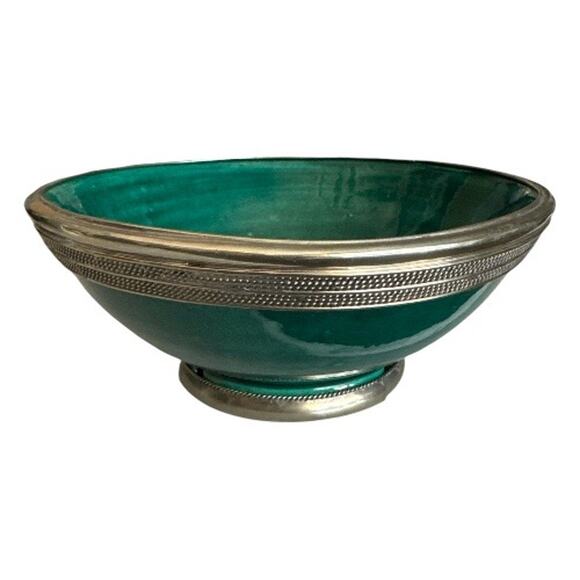 Vintage Green Silver Trimmed Moroccan SAFI Serving Bowl - Picture 2 of 10